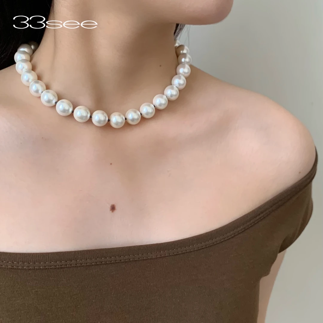 钛钢仿珍珠项链 33see 12mm透明水晶珍珠项链 法式仙女时尚百搭