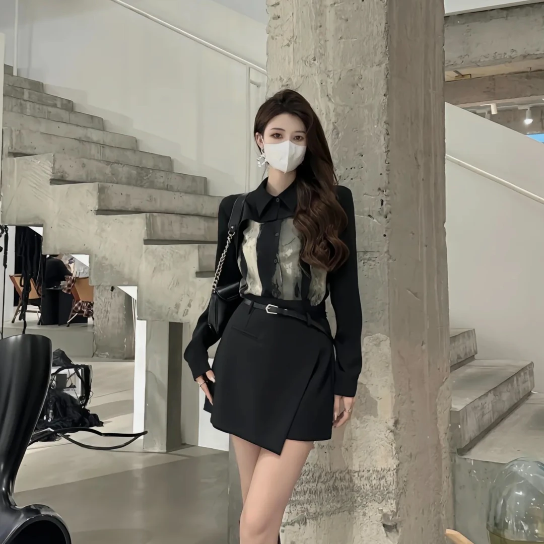 2023秋季新款御姐风时尚气质拼接扎染衬衫+显瘦百搭不规则短裙