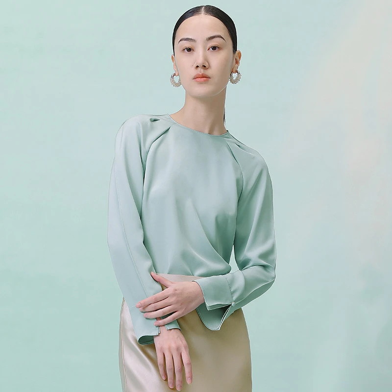 寺山文也 露晞/春夏新款30姆米桑蚕丝重绉打褶花瓣领套头衬衫