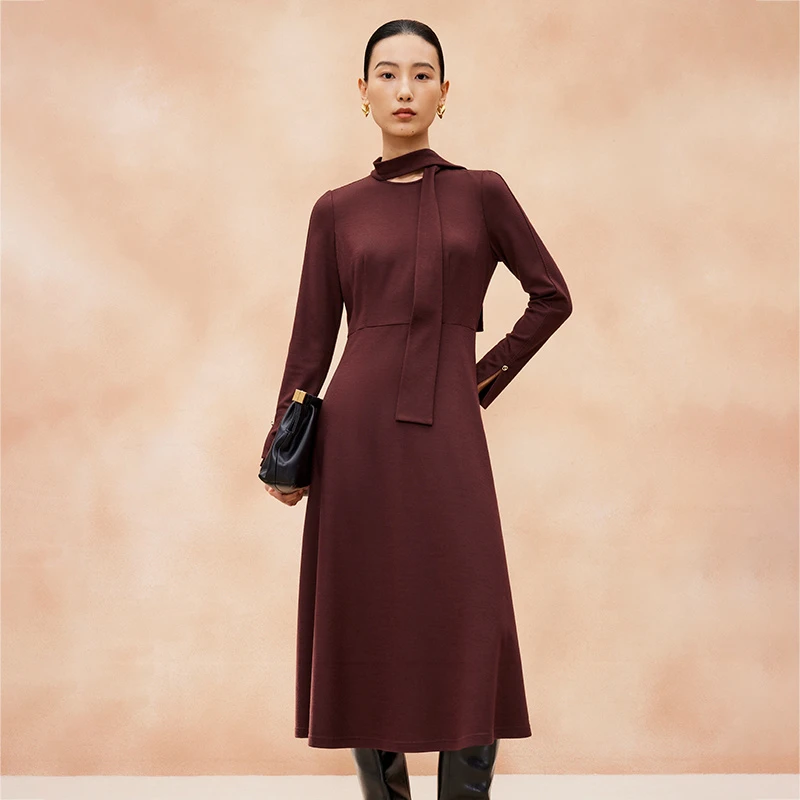 寺山文也 游雁/澳洲美利奴羊毛呢轻奢飘带领高腰a字连衣裙女秋冬