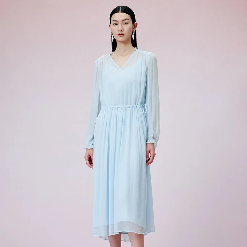 寺山文也 渃水/真丝顺纡绉朦胧透视碎褶长袖连衣裙+吊带裙夏秋女