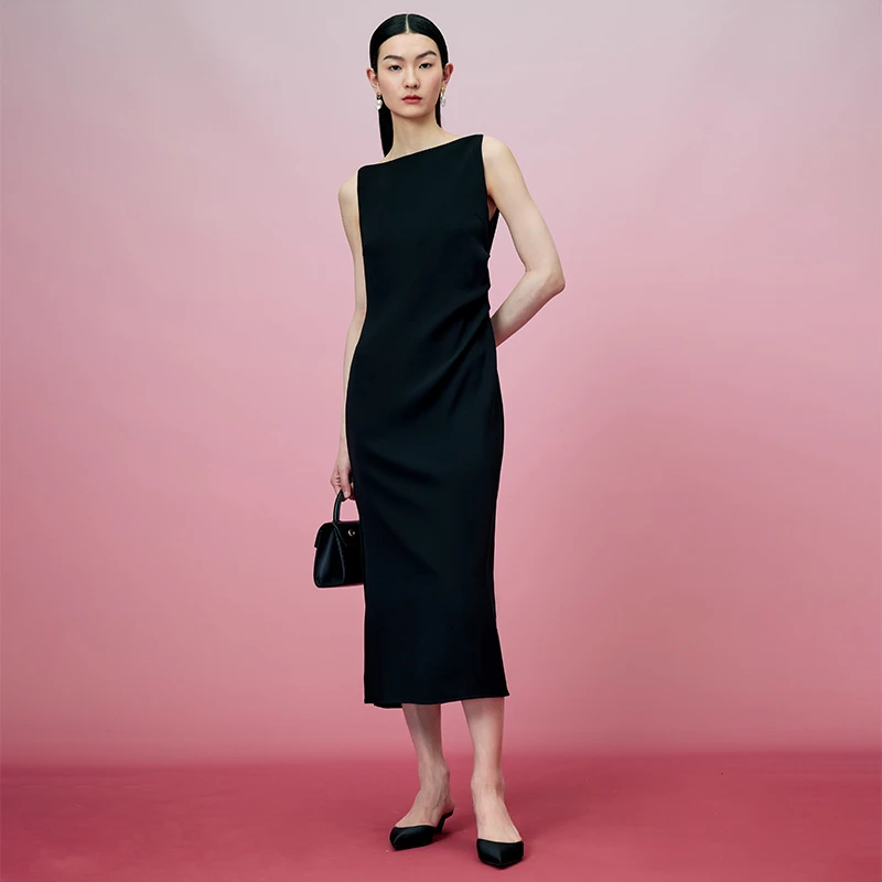 寺山文也 迭韵/520约会装醋酸重乔不对称打褶一字领无袖连衣裙夏