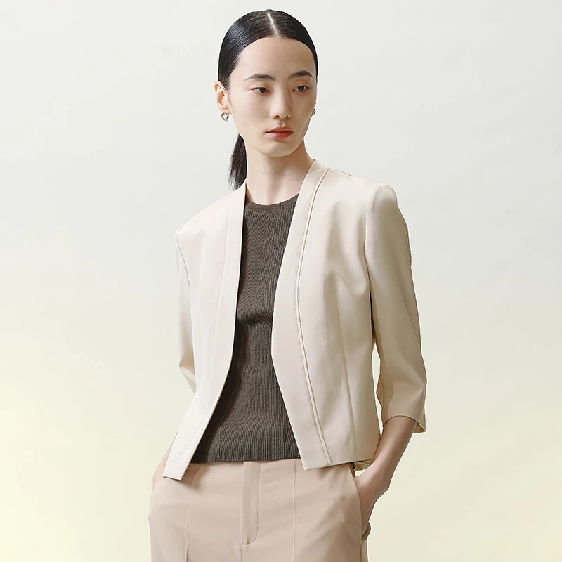 寺山文也 拾慧/30姆米真丝重绉七分袖春夏新款西装短外套女