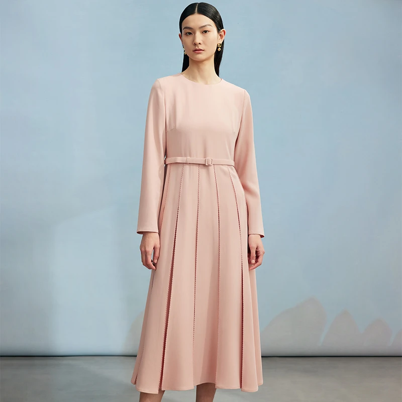 寺山文也 兰亭/Naia醋酸立体打褶圆领长袖高腰春季连衣裙女