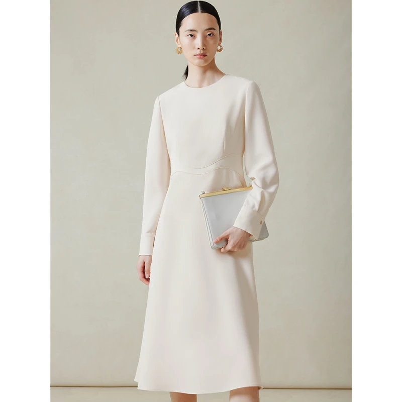 寺山文也 净兰/波浪腰节醋酸重乔简约通勤高腰长袖秋季连衣裙