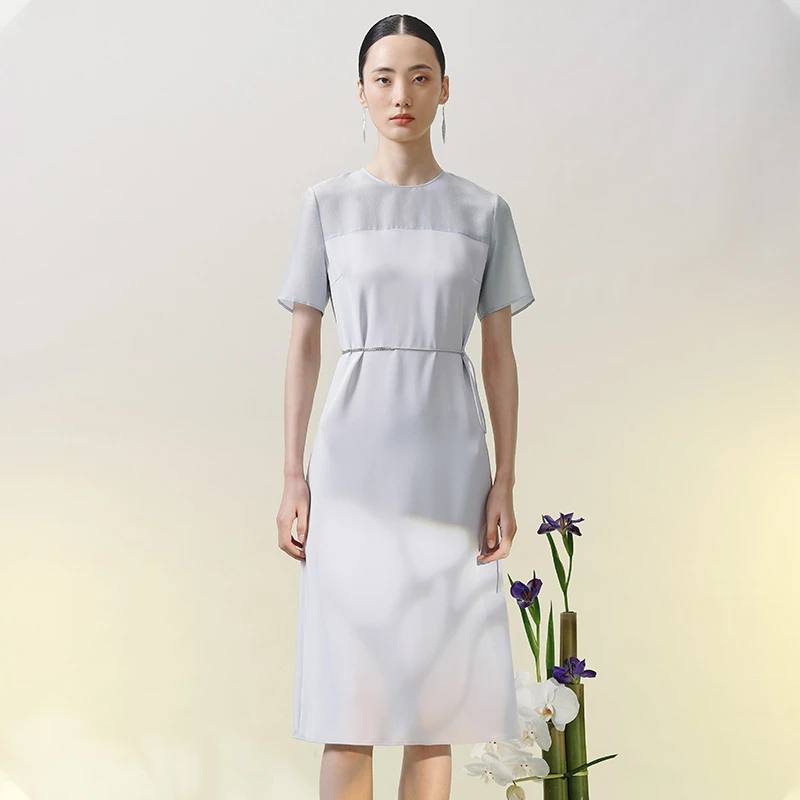 寺山文也逸致/23MM真丝桑蚕丝圆领直筒裙子夏季新款镂空连衣裙女