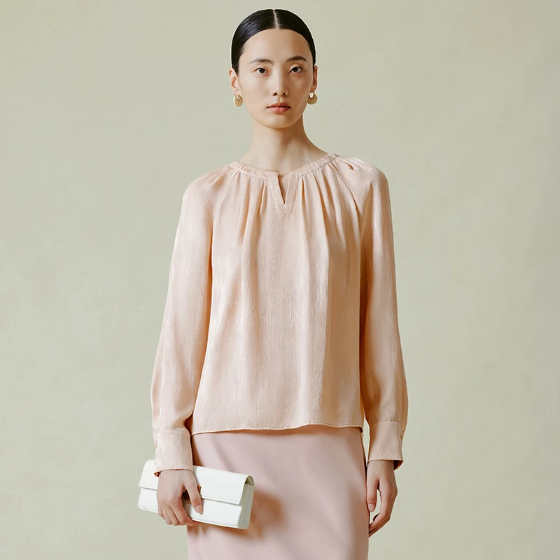 寺山文也 玉瑛/16姆米真丝提花桑波缎圆领打褶夏秋套头衬衫女