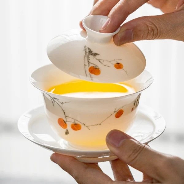 铮兮堂高端羊脂玉瓷纯手绘三才盖碗三件套茶具超薄胎单个防烫陶瓷