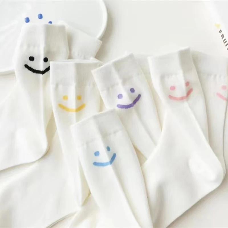 ins女袜日系基础卡通水彩笑脸图案袜子纯色白色基础潮流中筒棉袜