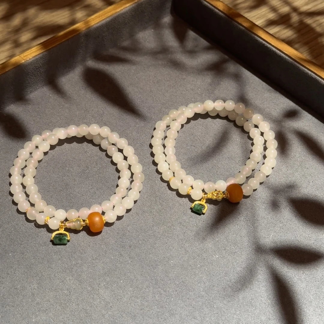 【景润】天然和田玉藕粉双圈手串橘皮墩子设计精美手链多样性发其一