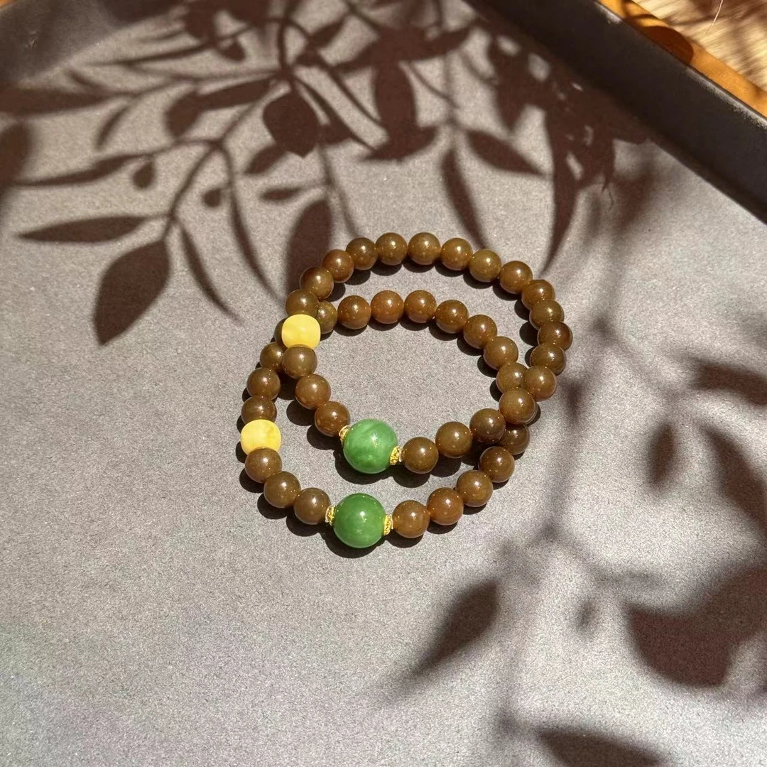 【景润】天然和田玉糖料圆珠单圈手串蜜蜡墩子手链 多样性发其一