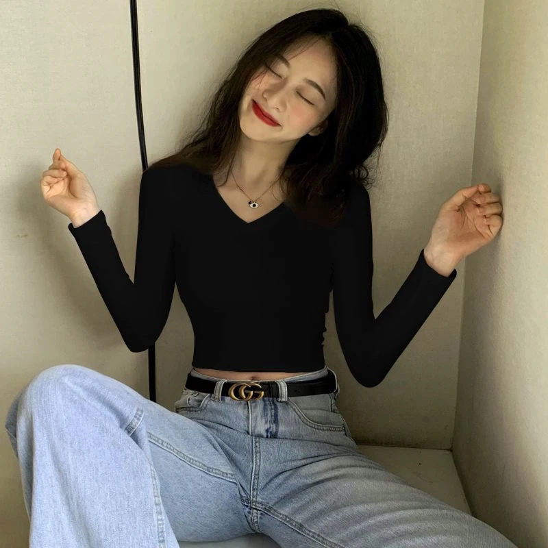 黑色v领短款打底衫女秋冬2025初秋新款内搭紧身上衣露脐装长袖t恤