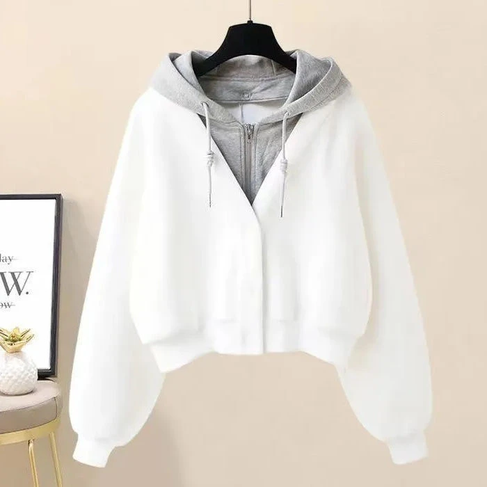 卫衣女连帽拉链假两件2025秋冬新款韩版休闲拼接外穿气质开衫外套