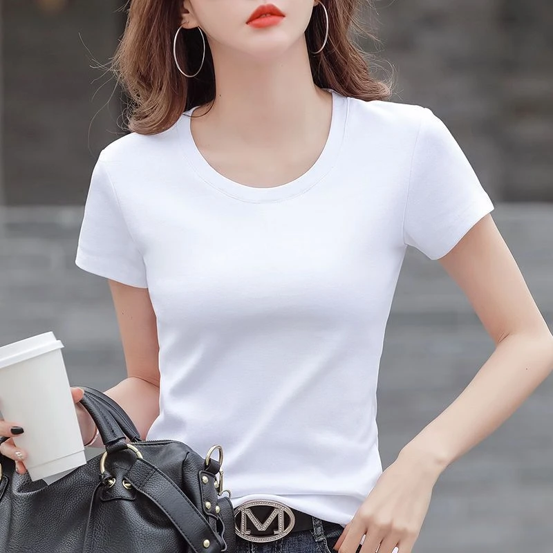 夏季白色t恤女棉简约显瘦百搭短袖修身纯色圆领黑色韩版打底衫女