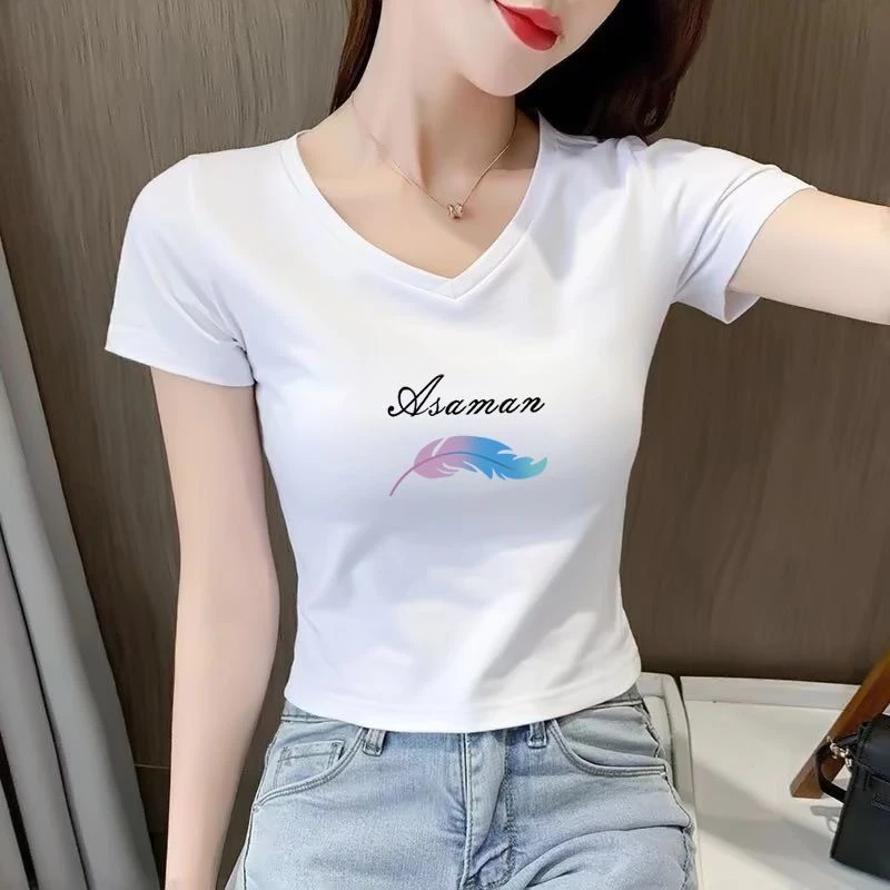 夏季新款白色V领短款T恤女短袖俢身百搭露脐性感棉显瘦紧身上衣女