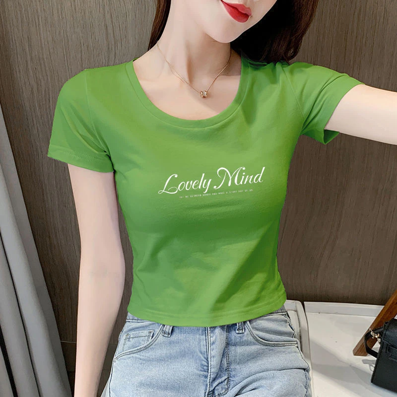 夏季新款短款短袖T恤女洋气棉百搭高腰露脐修身显瘦小个子体恤女