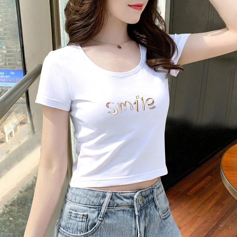 夏季短款短袖t恤女紧身露脐上衣百搭高腰修身正肩显瘦体恤衫半袖