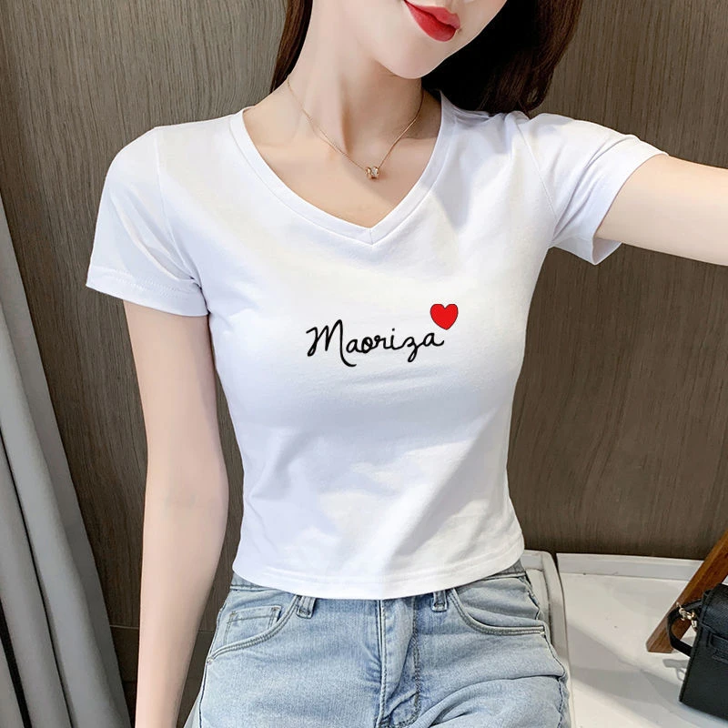 短款上衣女2025夏季修身V领紧身短袖白色t恤女新款露脐高腰打底衫