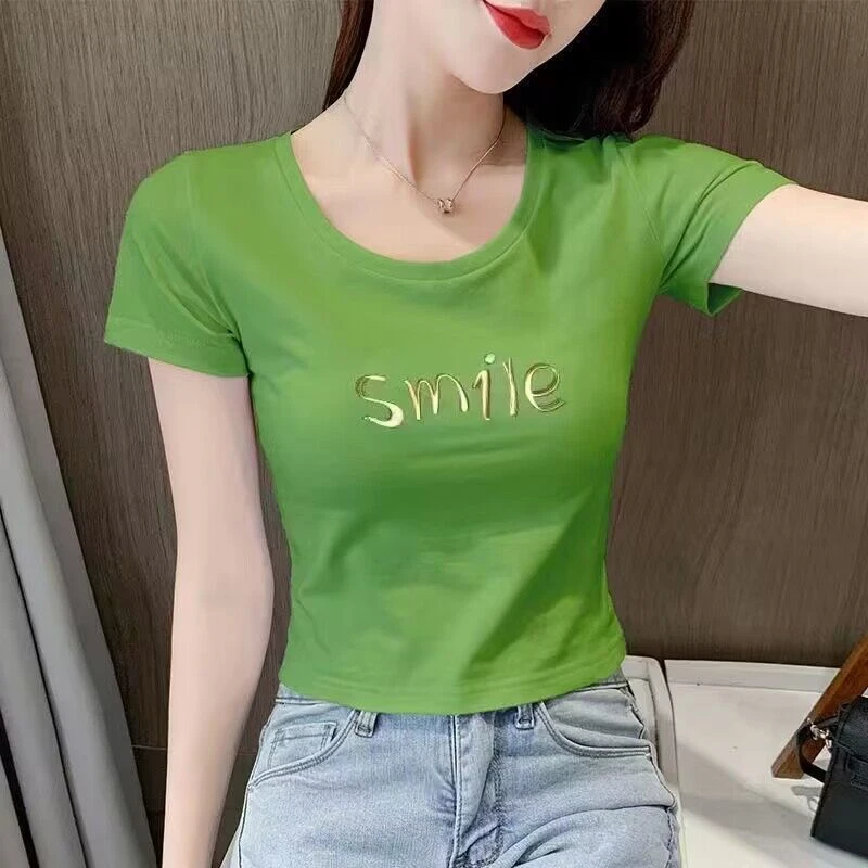 2025夏季棉白色短款高腰露脐上衣短袖t恤女新款半袖洋气体恤衫ins