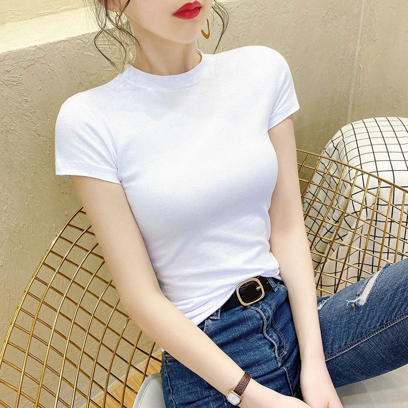 春夏半高领短袖t恤女修身内搭纯棉打底衫纯色紧身半袖体恤上衣潮