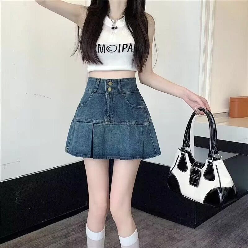 高腰百褶牛仔半身裙女春夏季大码黑色显瘦设计感a字包臀短裙子潮