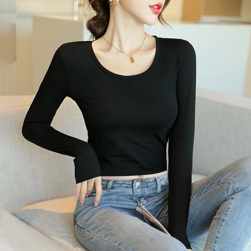 黑色短款t恤女圆领高腰性感露脐长袖打底女小衫内搭春秋紧身上衣