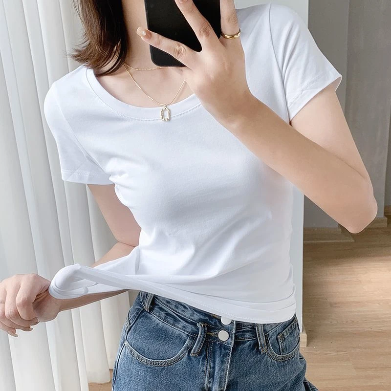 夏季新款白色t恤女短袖修身显瘦纯色打底衫紧身正肩半袖洋气上衣T