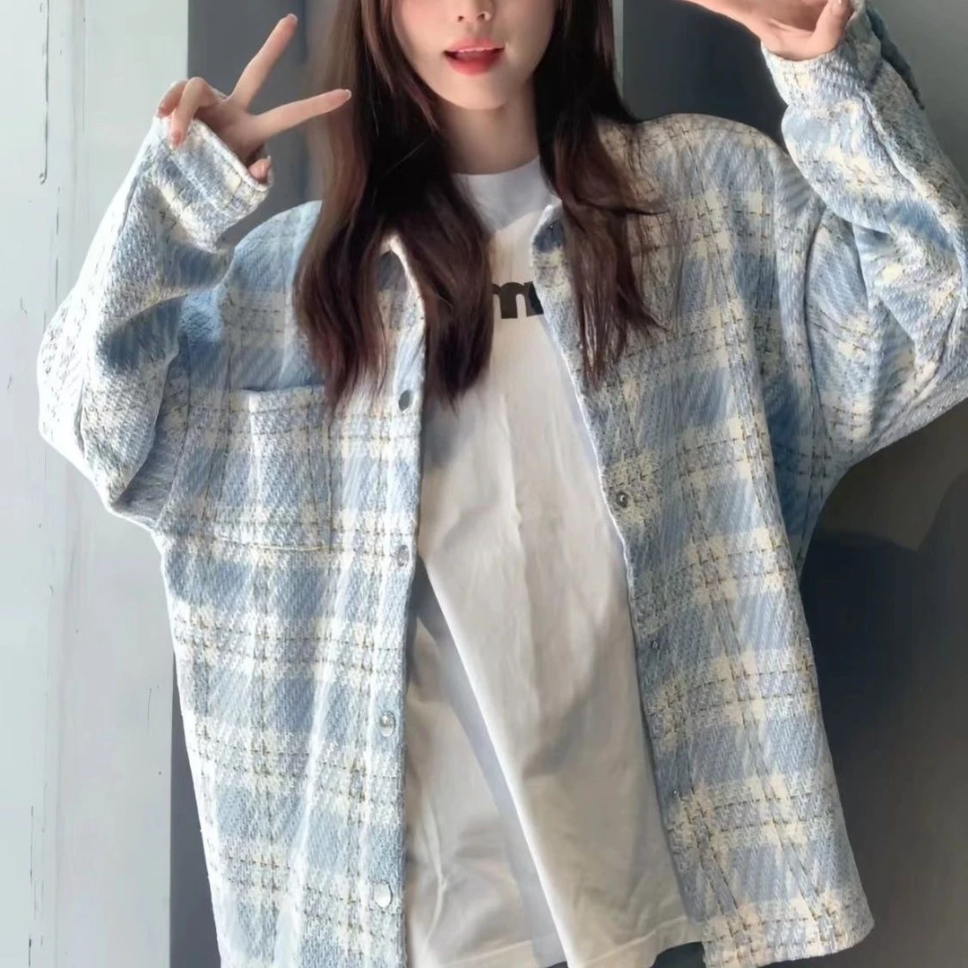 春秋季清新格子衬衫学院风长袖开衫气质洋气上衣女ins风宽松外套