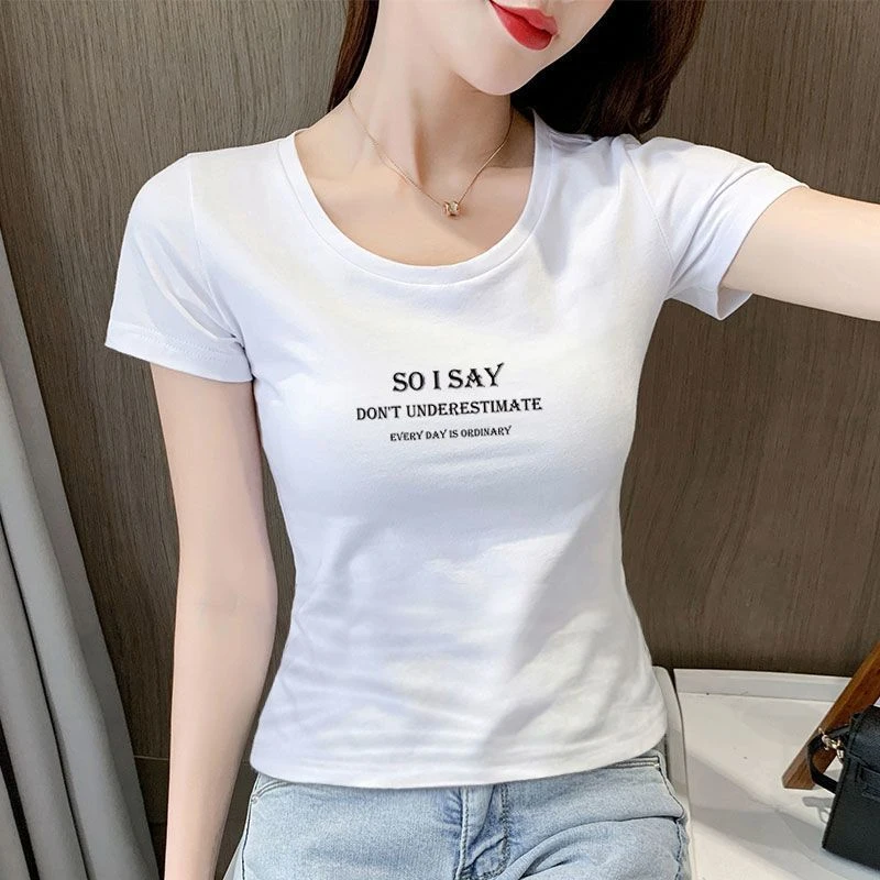 夏季新款修身短袖女士t恤网红百搭白色时尚印花半袖洋气打底衫女