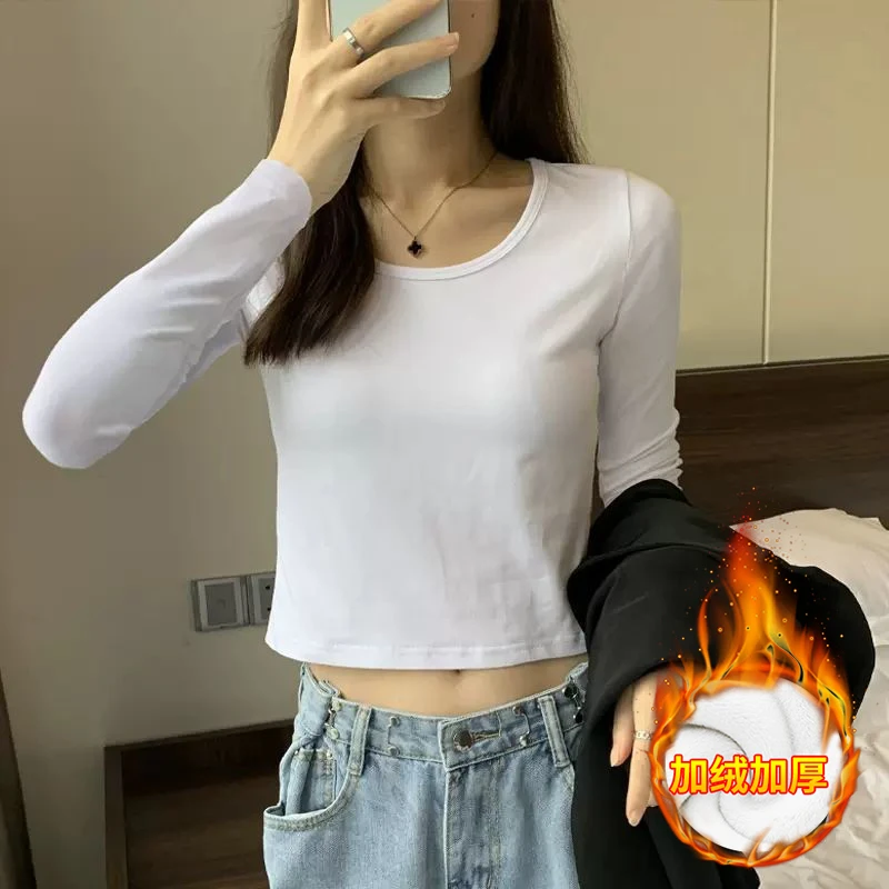 2025春秋季新款短款t恤女长袖棉露脐内搭上衣女加绒高腰打底衫女