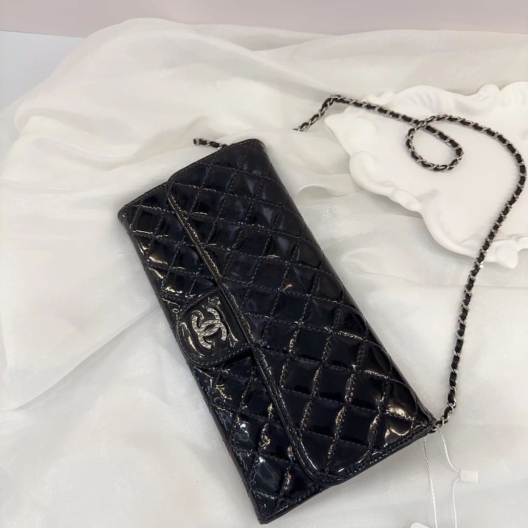 95新 Chanel/香奈儿 蔚蓝/黑银漆皮 CF 口盖 链条包