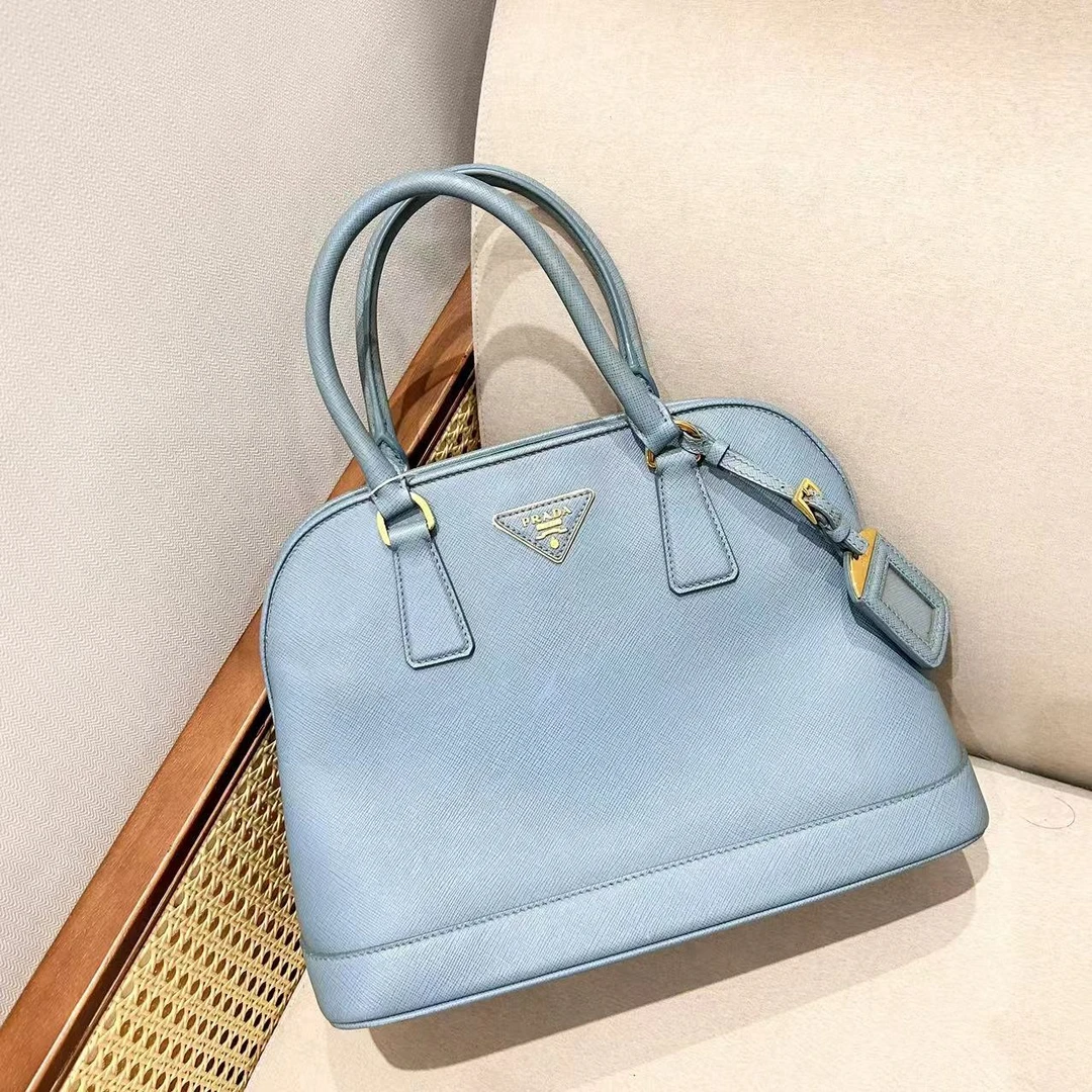 95新 Prada/普拉达 蔚蓝/雾霾蓝 十字纹牛 小号 贝壳包