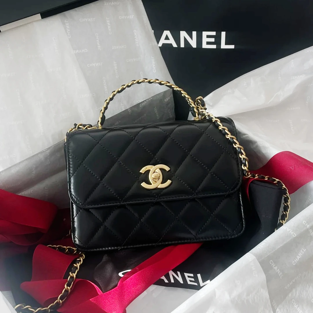 99新 Chanel/香奈儿 蔚蓝/ 23P handle 黑金镂空字母手柄 芯片款