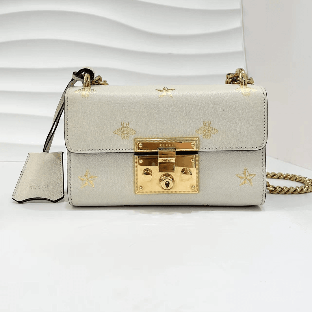 95新 GUCCI/古驰 蔚蓝 /白金 小蜜蜂 padlock 月光宝盒 斜挎包