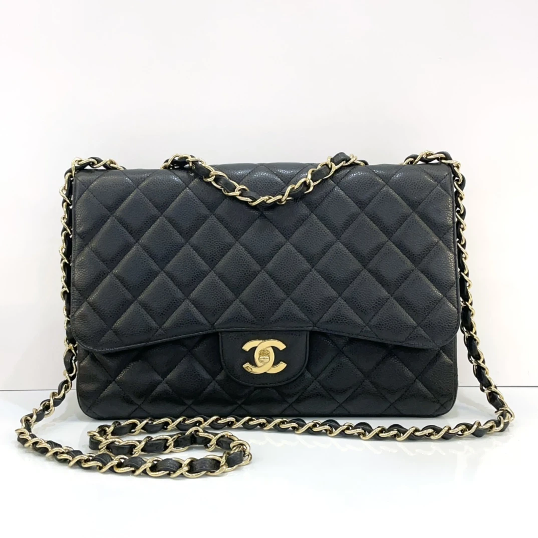 95新 Chanel/香奈儿 蔚蓝/单盖CF jumbo 黑金荔枝纹