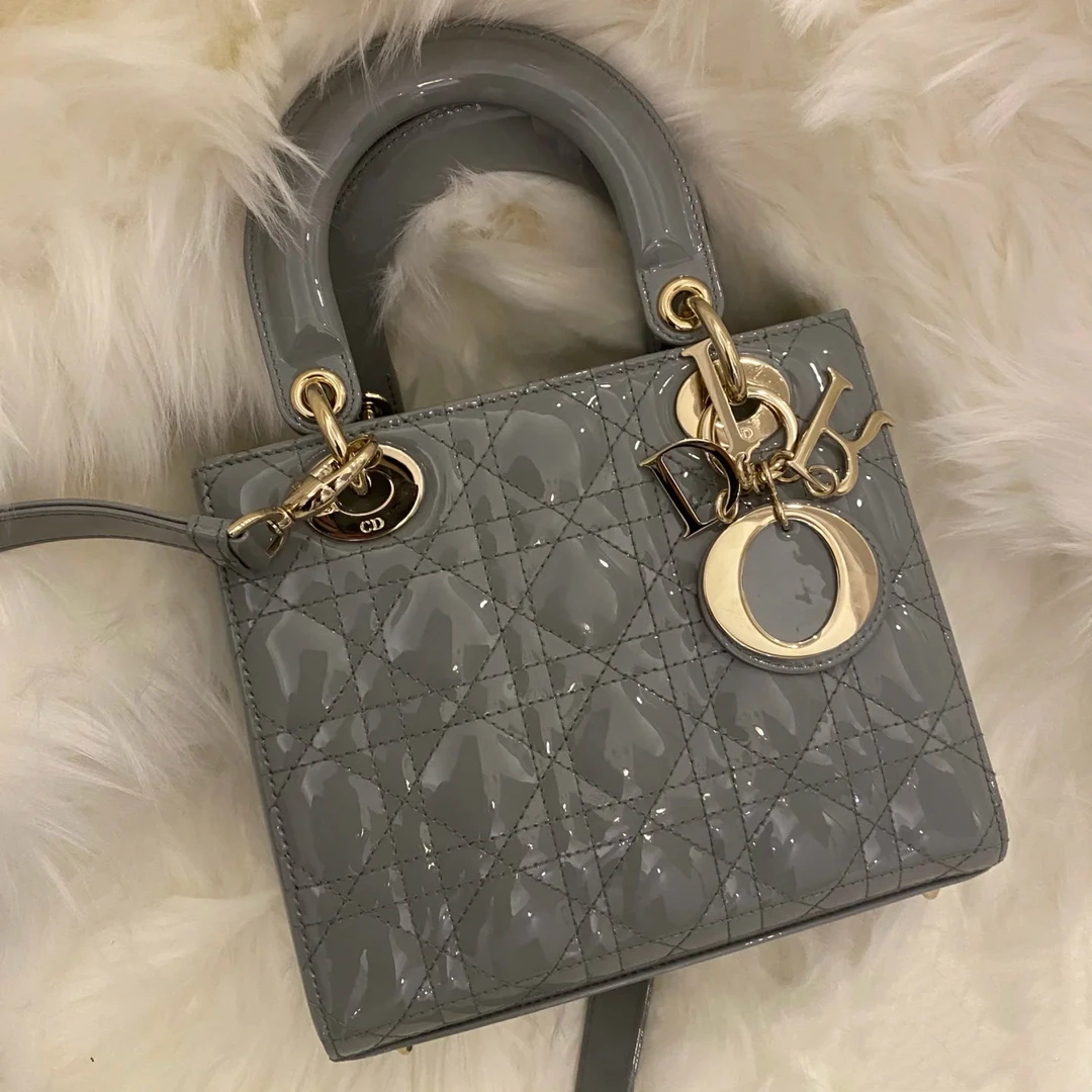 99新 DIOR/迪奥 蔚蓝/浅灰色 漆皮四格戴妃包