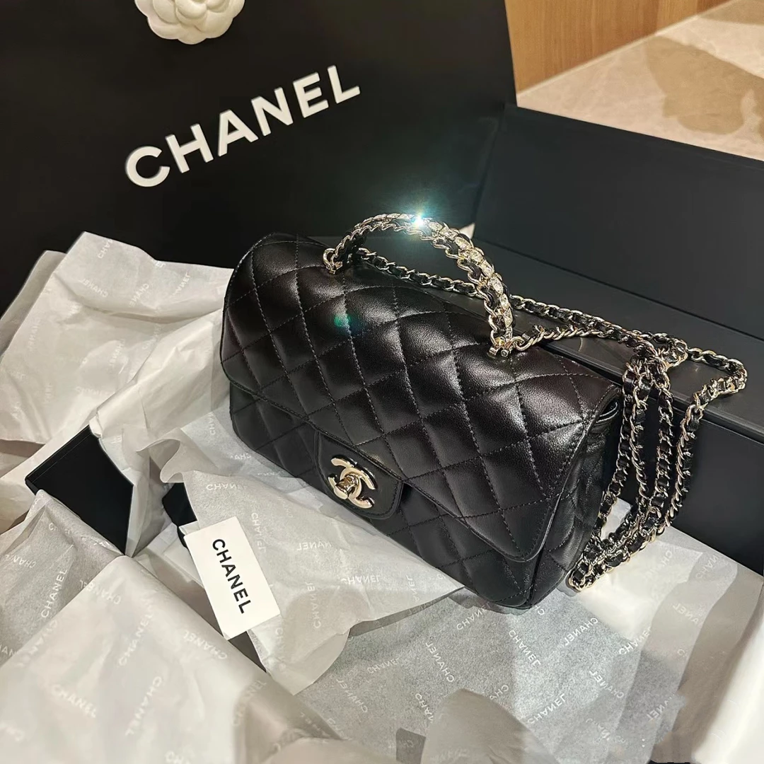 99新 Chanel/香奈儿 7姐福利/水钻手柄 黑金 mini CF 链条包