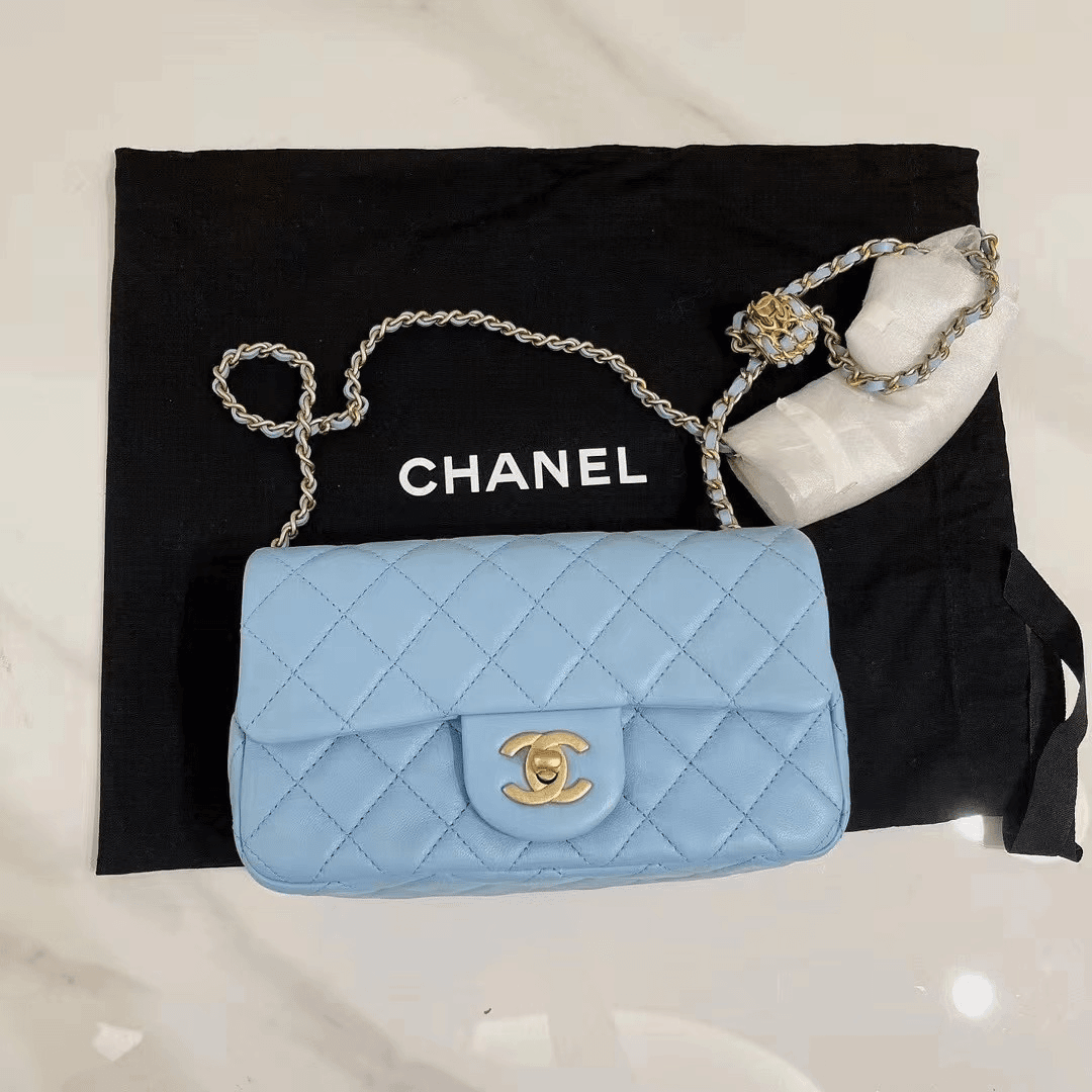 99新  蔚蓝/Chanel 香奈儿/蓝金羊皮 核桃球大mini/未使用/超难买