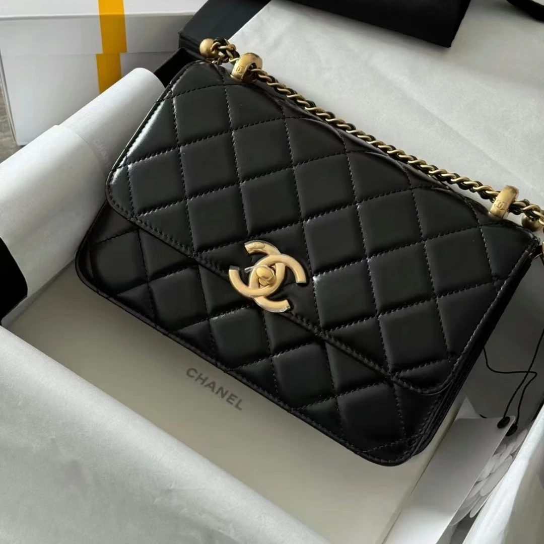 全新未使用 Chanel/香奈儿 7姐福利/油蜡牛黑金 双金珠22链条包