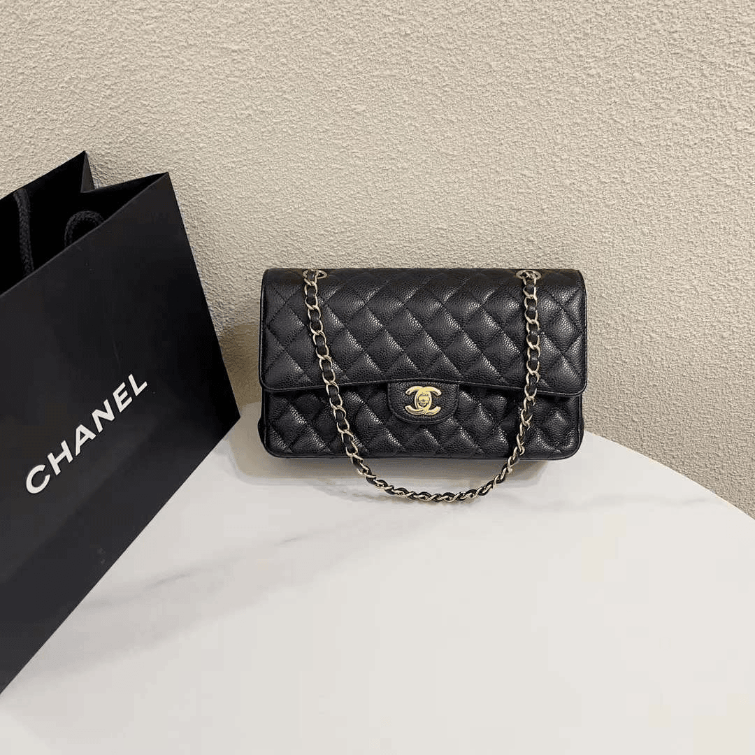 99新 Chanel/香奈儿 蔚蓝 /黑金 荔枝牛 中号 CF  链条包