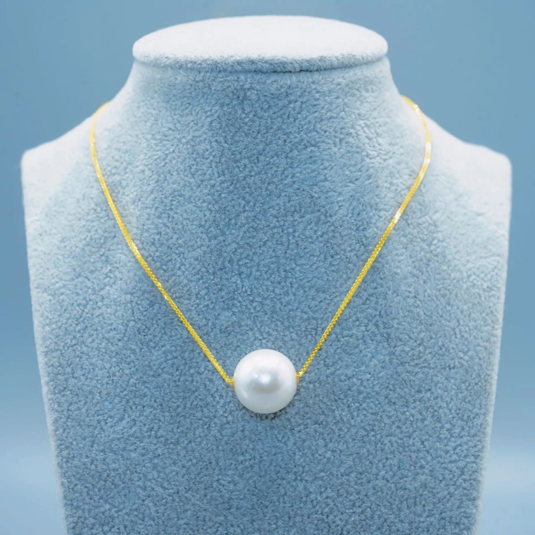 淡水珍珠吊坠10-11mm路路通单珠18K金吊坠（银链）经典时尚