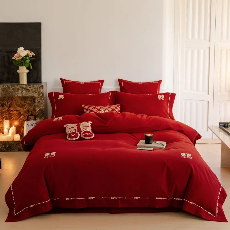 中式婚庆纯棉四件套结婚用100S长绒棉磨毛大红色被套陪嫁喜被床品