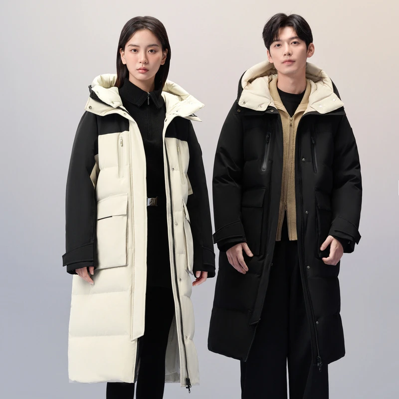 【90鸭绒】波司登蓄热内里高充绒长款情侣款连帽过膝加厚防风羽绒服