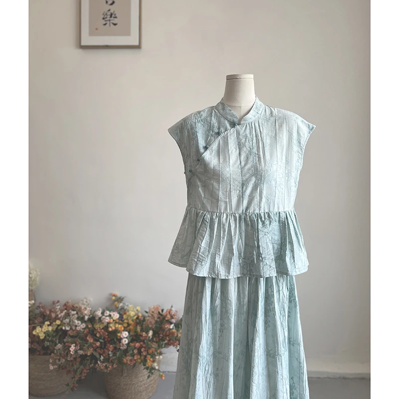 3337《桃扇》原创夏季新中式国风改良斜襟小衫复古气质无袖套装