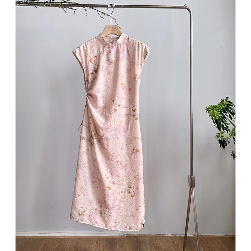 2581《花前醉》夏季新款丝麻开叉裙子新中式改良抽绳收身气质旗袍