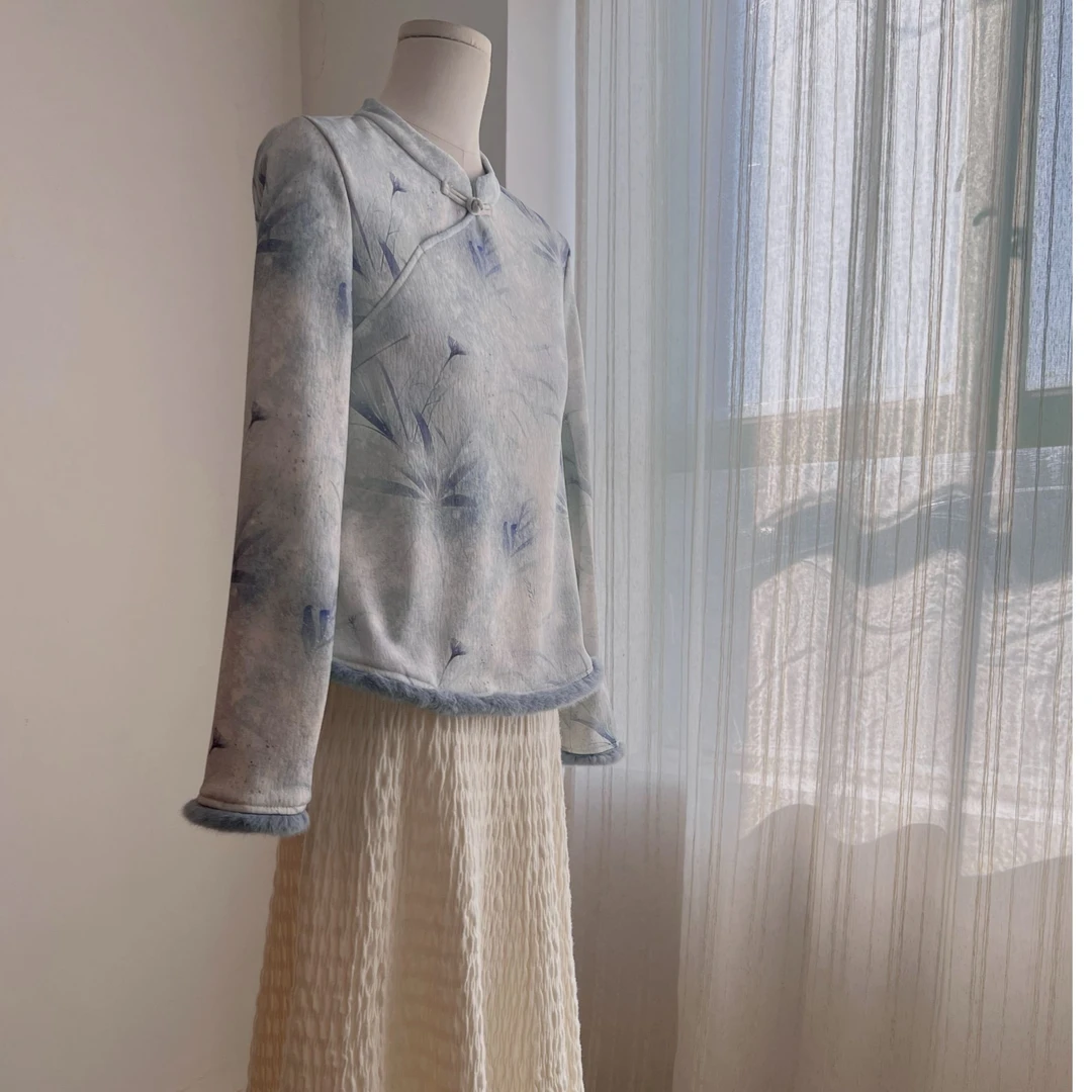 4077《告露》原创秋冬立领国风印花衬衫气质修身加厚上衣