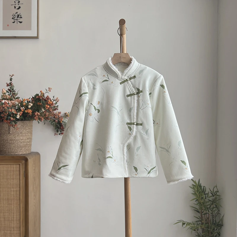 4050《水仙花》原创新中式国风秋冬加厚印花上衣袖长气质夹棉外套