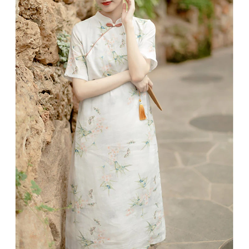 2550《别青山》原创复古文艺苎麻民国风旗袍新款短袖遮肉A字裙