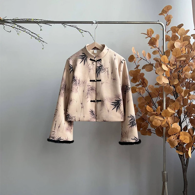 3177《竹墨叶色》原创改良中式复古国风竹叶印花上衣加摇粒绒外套