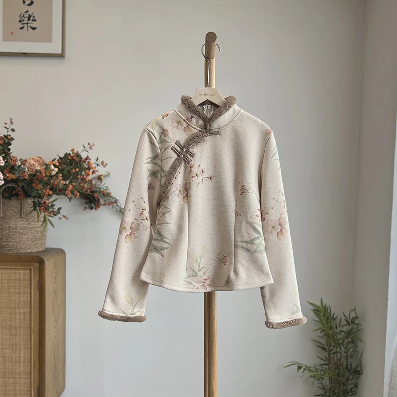 3147《又眠秋雨》新中式上衣~针织绒冬季加厚毛领打底衫